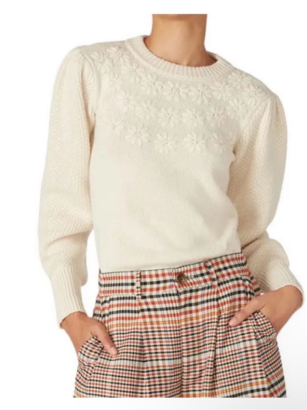 Cream Floral-Embroidered Crewneck Sweater